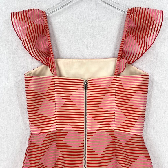 ALICE + OLIVIA Angelita Dress Women 4 Red Pink Sheer Stripe Ruffle Layered Party - Picture 12 of 16